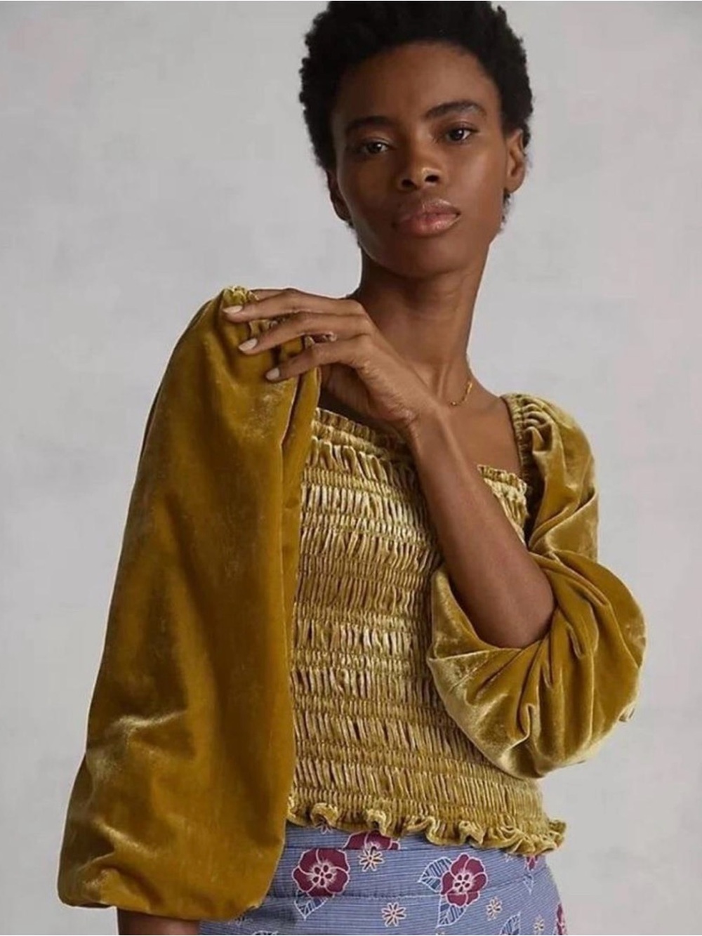 Smocked Velvet Puff-Sleeve Top in Gold
